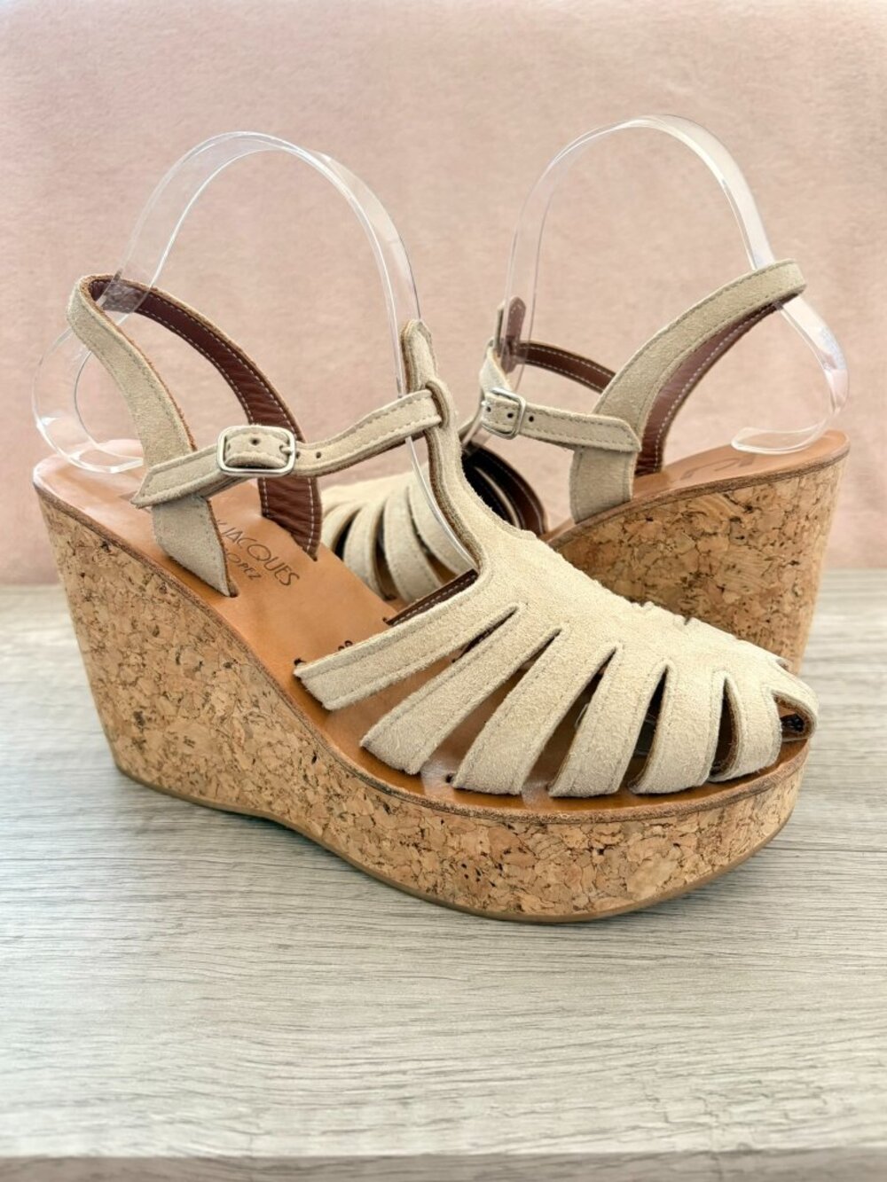 KJ K. Jacques St. Tropez Tan Suede Strappy Buckle 4" Cork Wedge Sandal 39 7.5 8